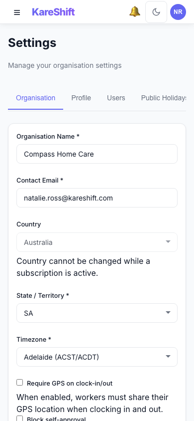 Settings — Mobile View