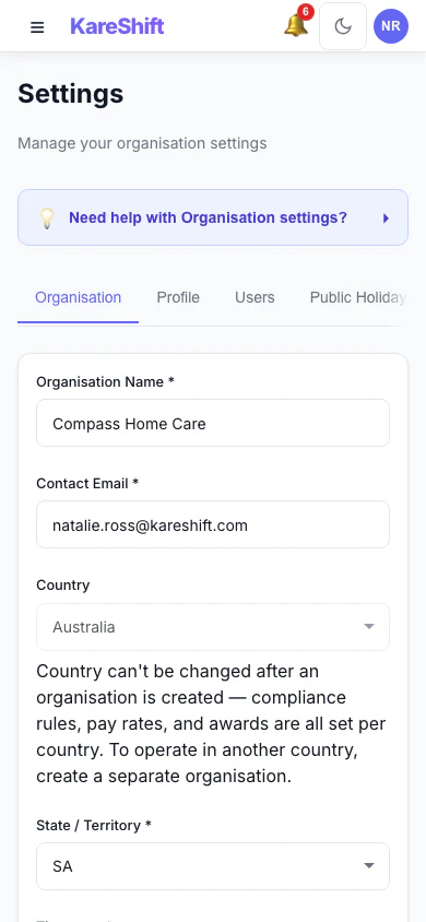 Settings — Mobile View