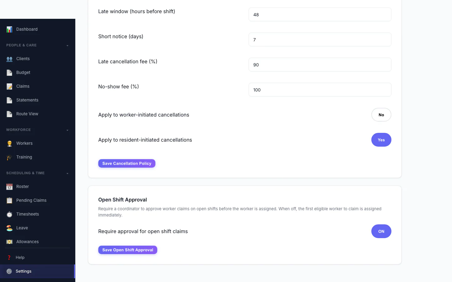 Open Shift Approval: Decide whether workers can claim open shifts straight away or need approval.