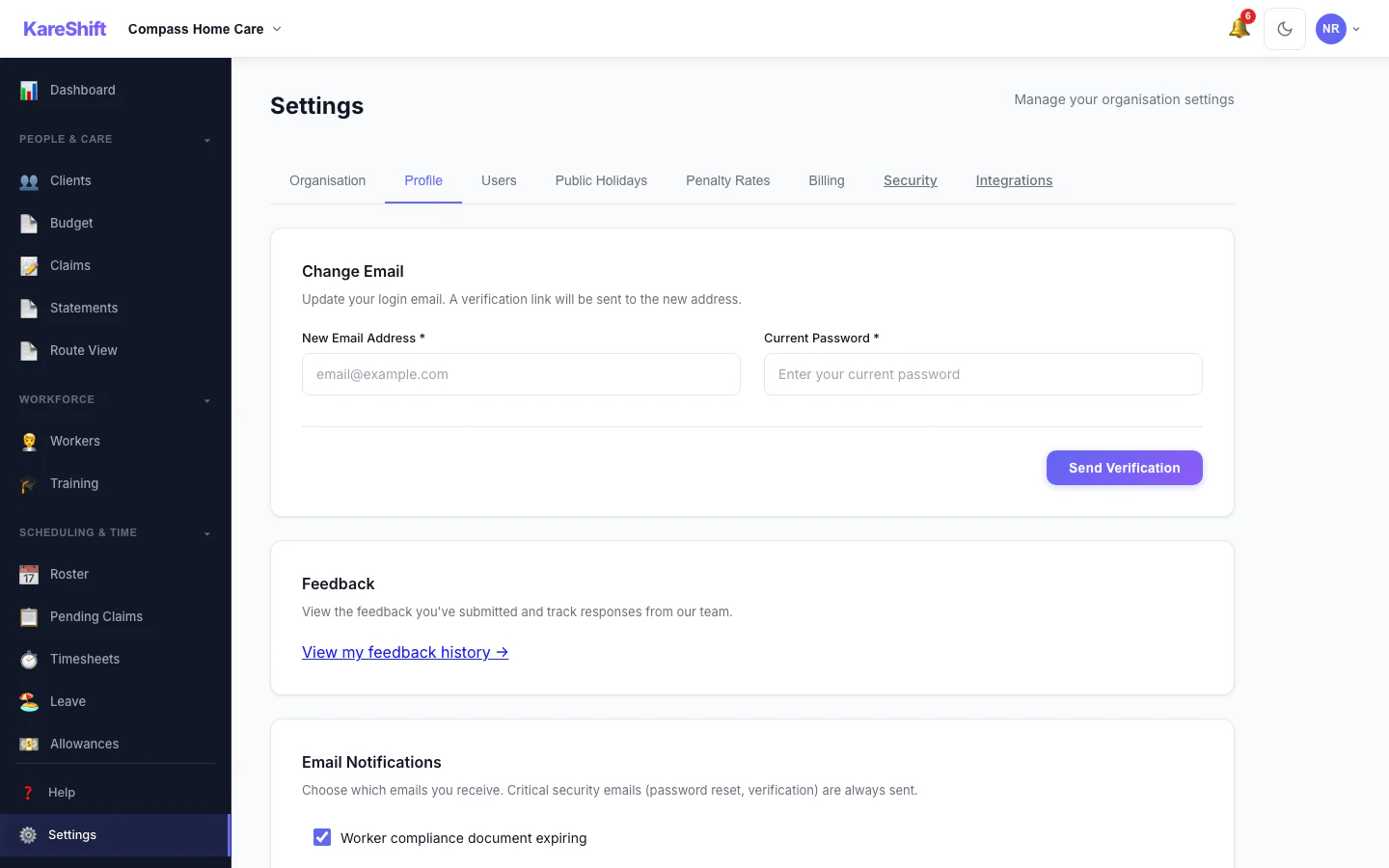 Your Profile Settings: Your login email and email notification choices.