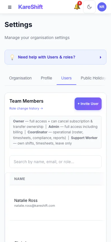 Team Members and Roles: Everyone in your organisation, their status and roles. (mobile view)