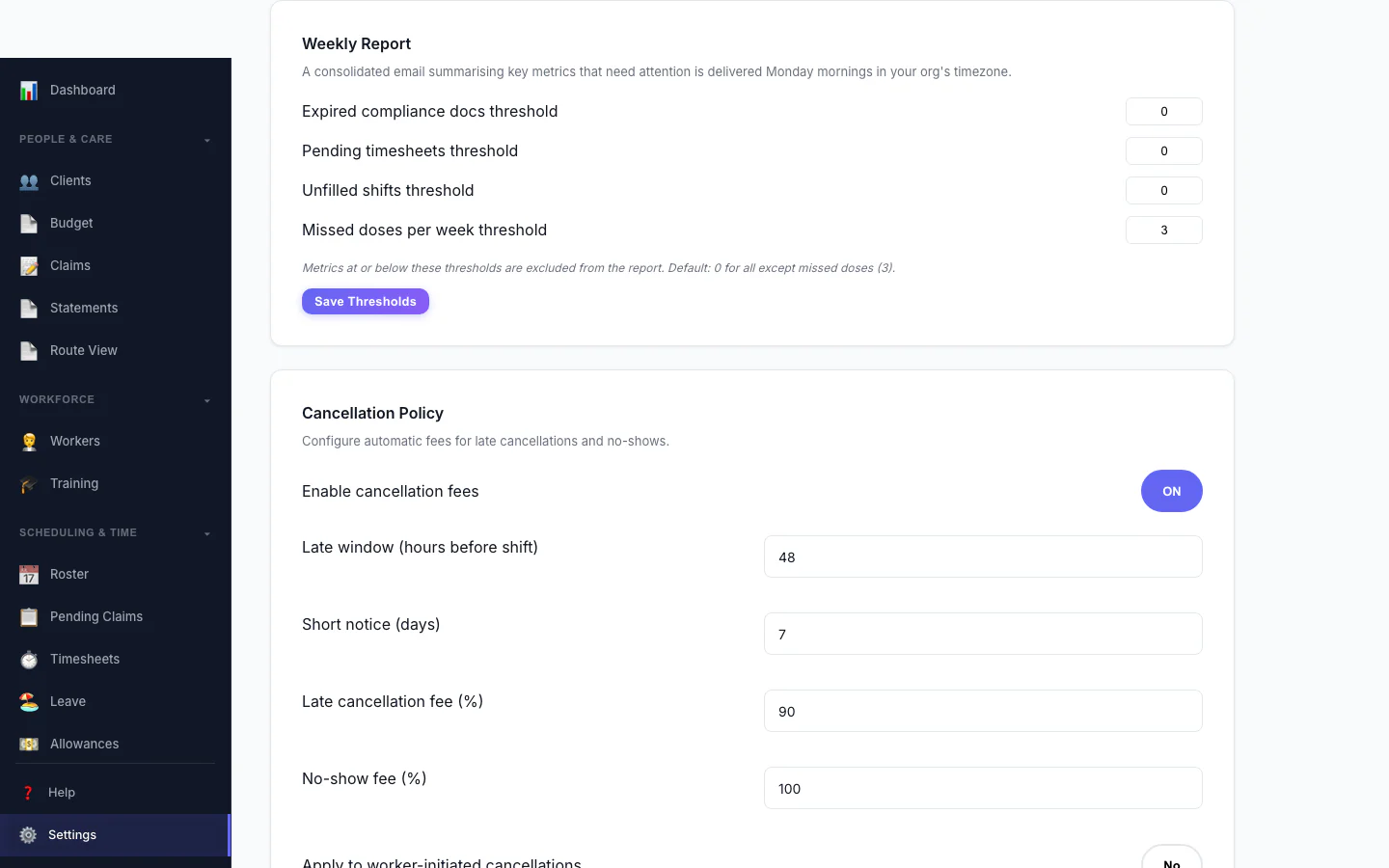 Weekly Report: Set the thresholds for the weekly summary email.