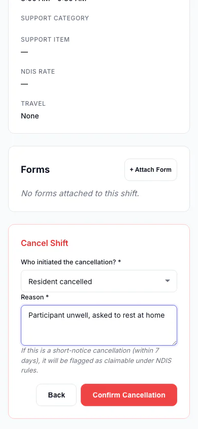Cancel a Shift: Record who cancelled and why, so the right fee is applied. (mobile view)