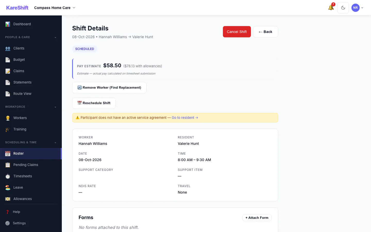 Shift Detail: A shift with its worker, pay estimate and attached forms.
