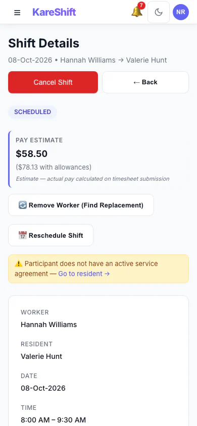 Shift Detail: A shift with its worker, pay estimate and attached forms. (mobile view)