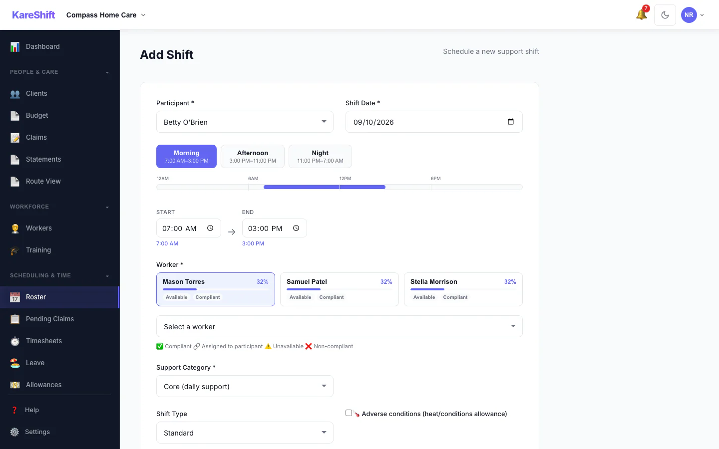 Add a Shift: Pick the person, date and times, and see suggested workers.