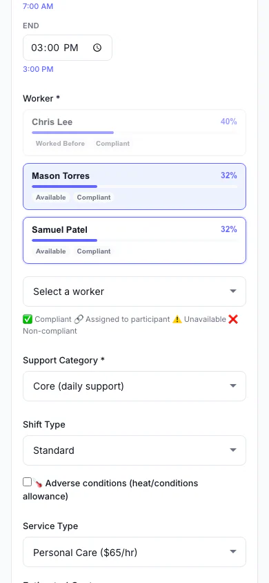 Add a Shift: Pick the person, date and times, and see suggested workers. (mobile view)