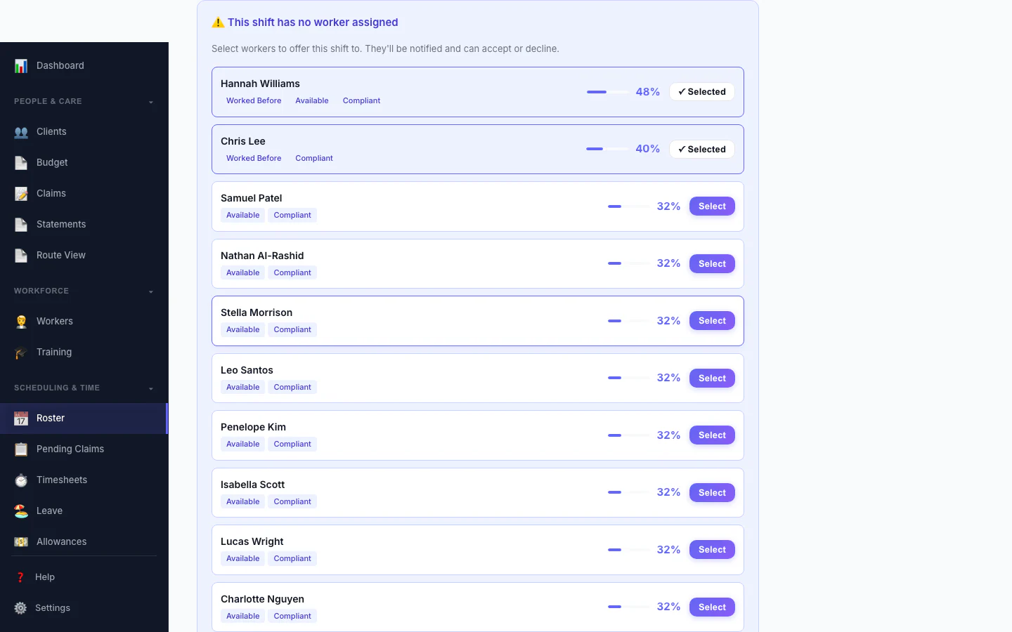 Replacement Assistant: A vacant shift with ranked replacement workers and one-click offers.