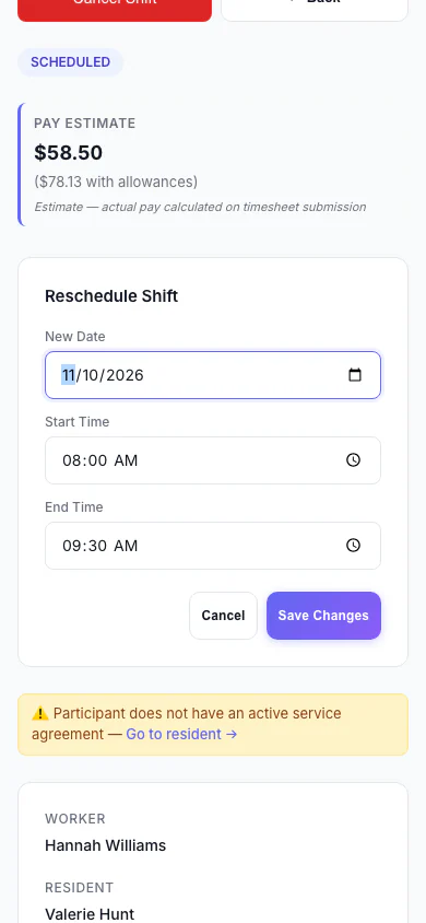 Reschedule a Shift: Move a shift to a new date and time. (mobile view)