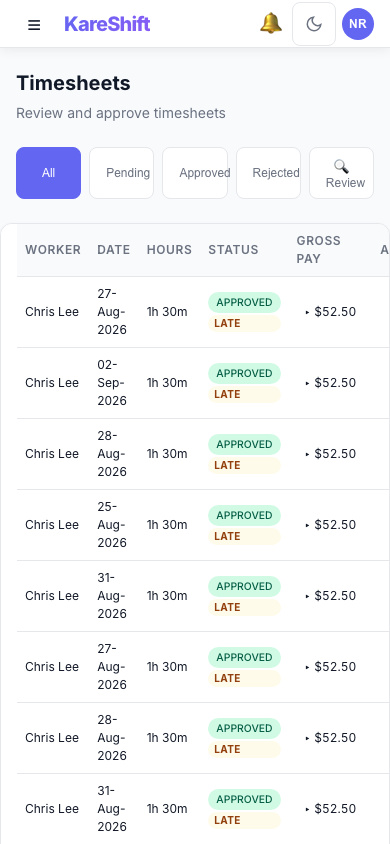 Timesheets — Mobile View