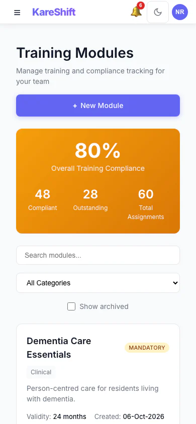 Training Modules: Mandatory and optional training, overall compliance and who is due. (mobile view)
