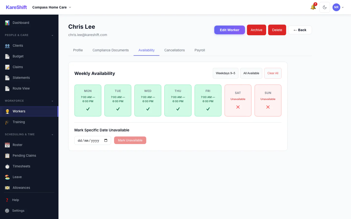 Worker Availability: A worker's weekly availability grid.