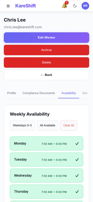 Worker Availability: A worker's weekly availability grid. (mobile view)