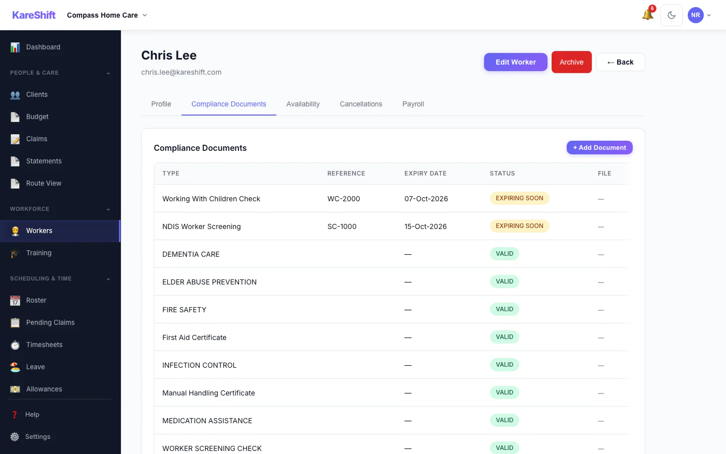Worker Compliance Tab