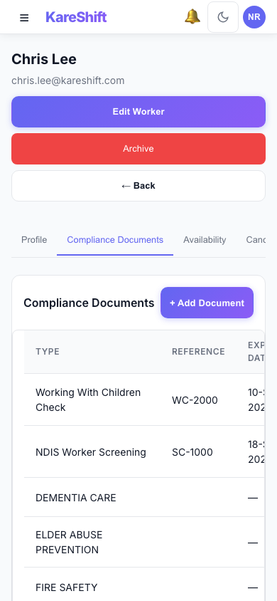 Worker Compliance — document tracking with expiry alerts — mobile view
