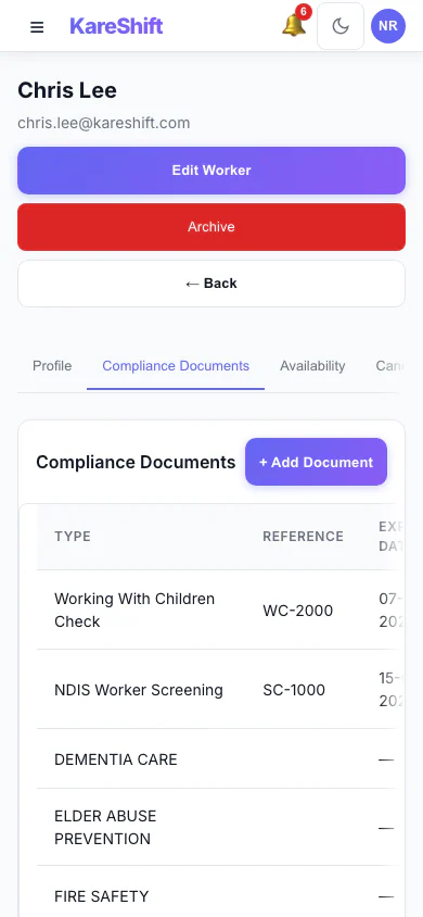 Worker Compliance — document tracking with expiry alerts — mobile view
