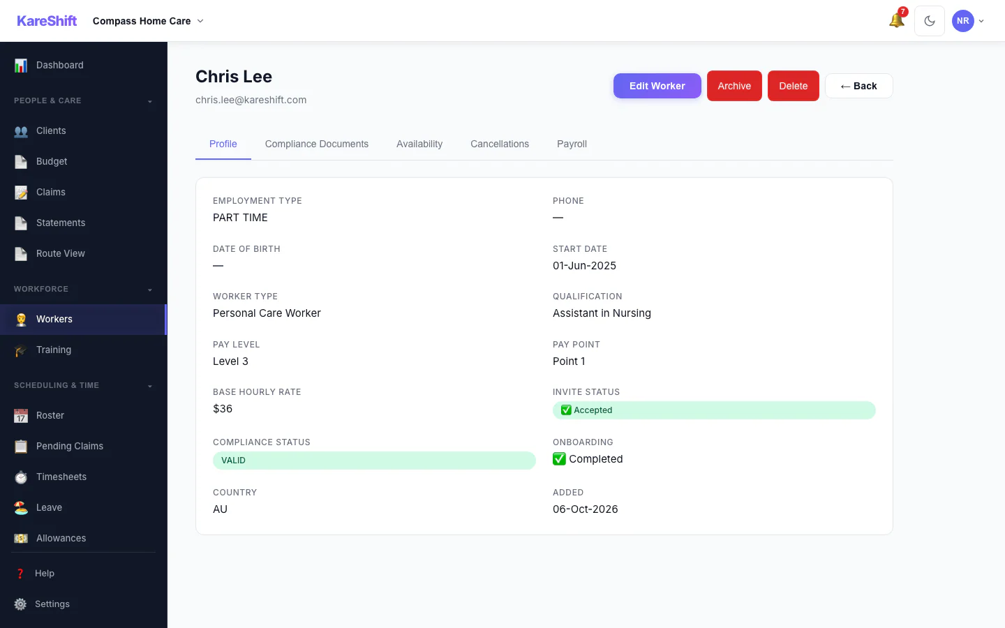 Worker Profile: A worker's profile and details.