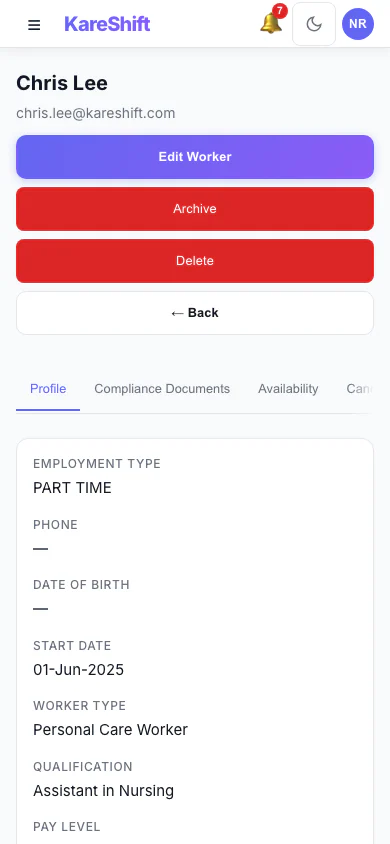 Worker Profile: A worker's profile and details. (mobile view)