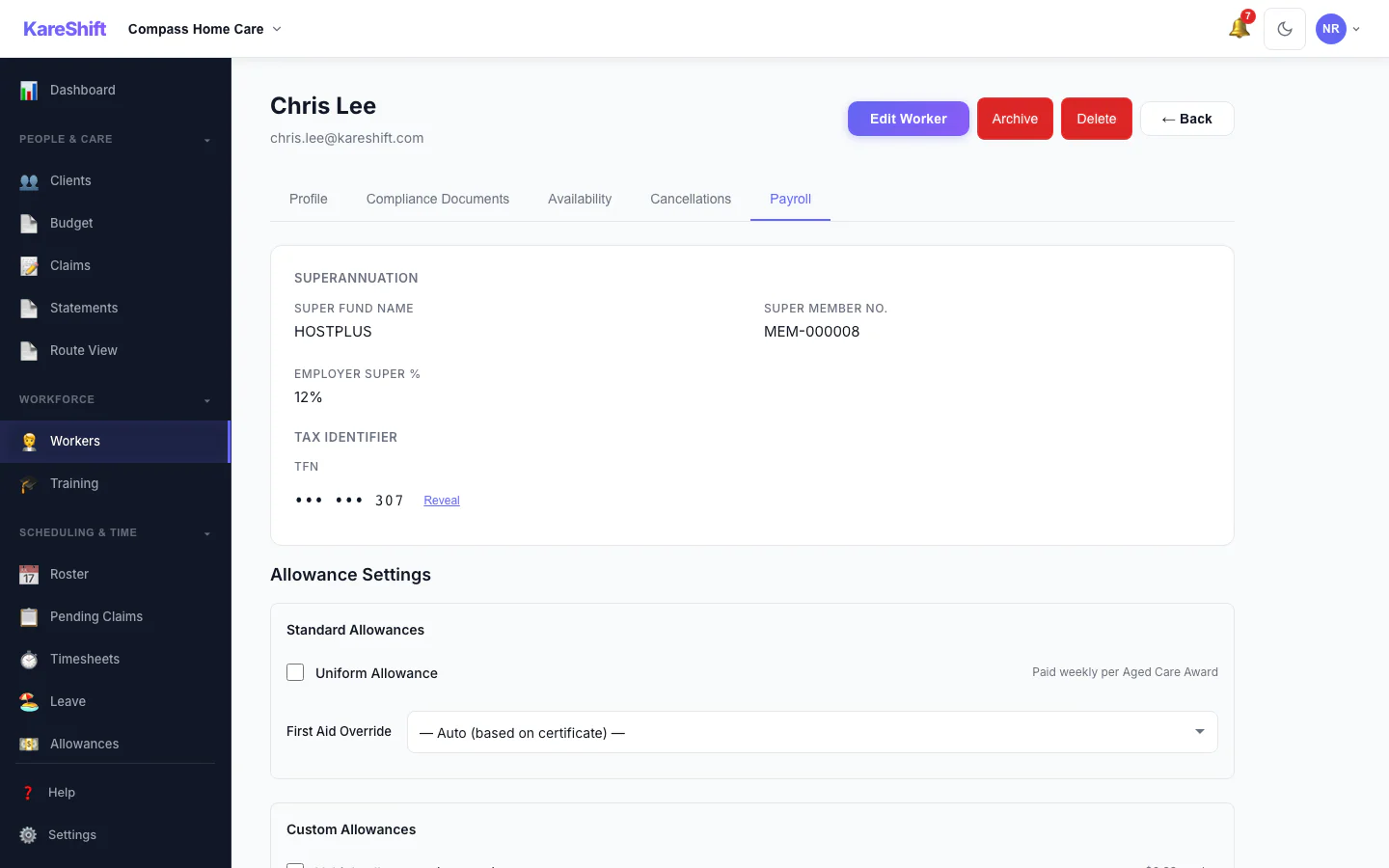 Worker Payroll Details: Payroll details and allowance settings for a worker.