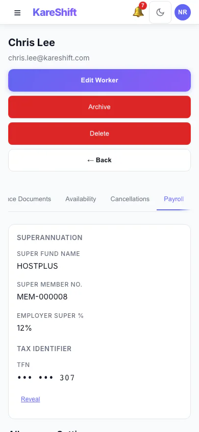 Worker Payroll Details: Payroll details and allowance settings for a worker. (mobile view)