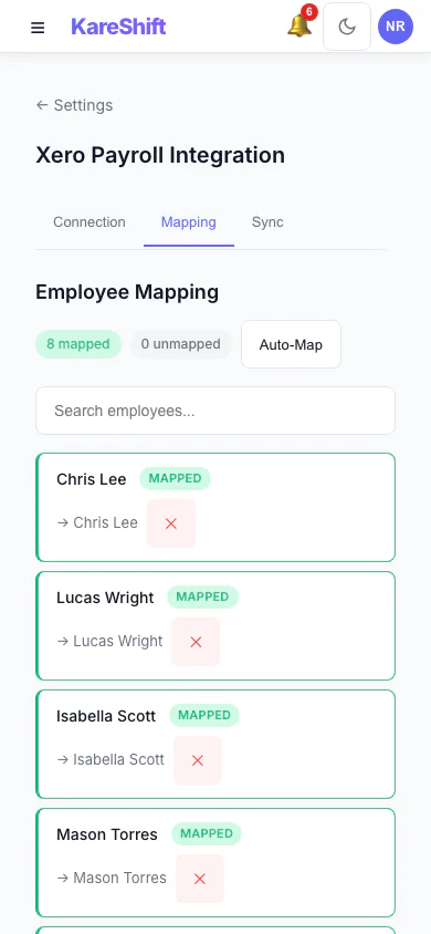 Xero Pay-Item Mapping: Map KareShift pay categories to your Xero earnings rates. (mobile view)