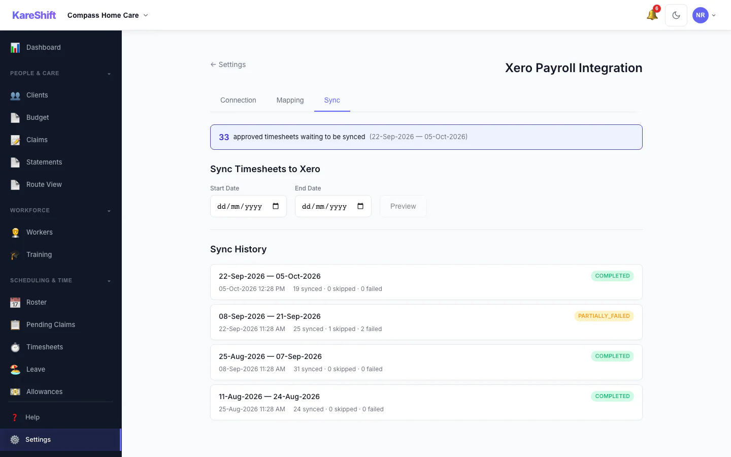 Xero Sync History: Past syncs with what succeeded and what failed.