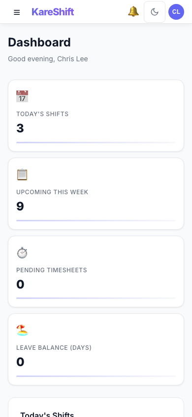 Home Care Worker Dashboard — Mobile View