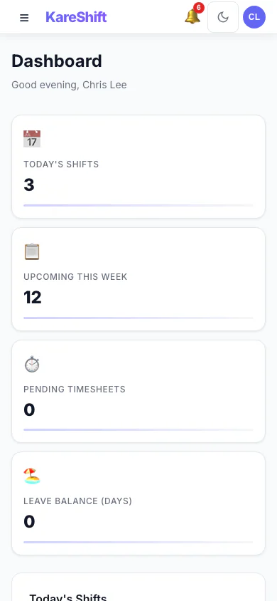 Home Care Worker Dashboard — Mobile View