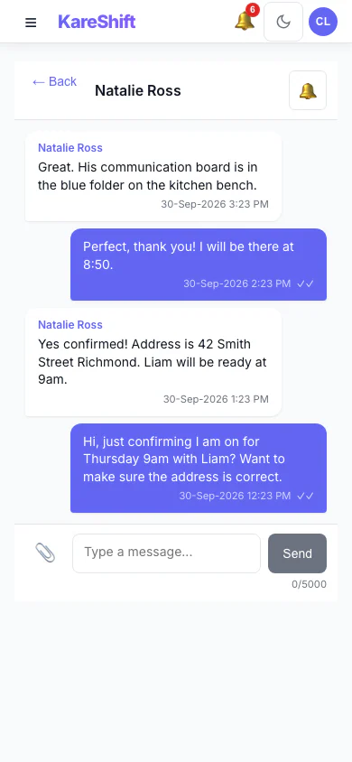 Home Care Worker Messages — Mobile View