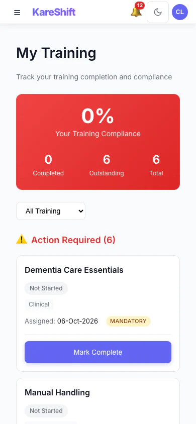 My Training: A worker sees the training assigned to them and what is complete. (mobile view)