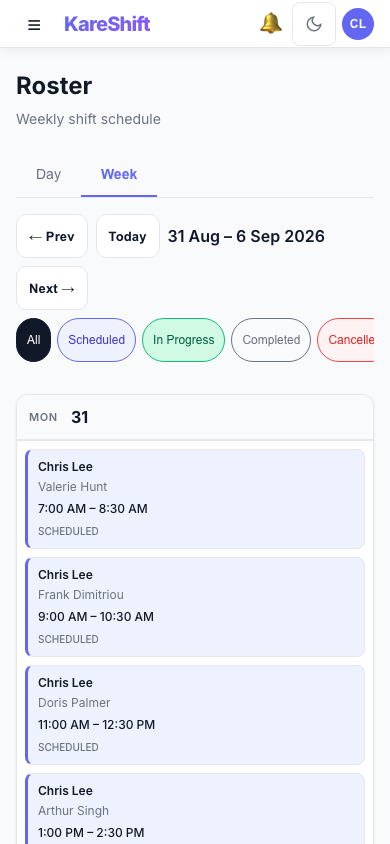 Home Care Worker Roster — Mobile View