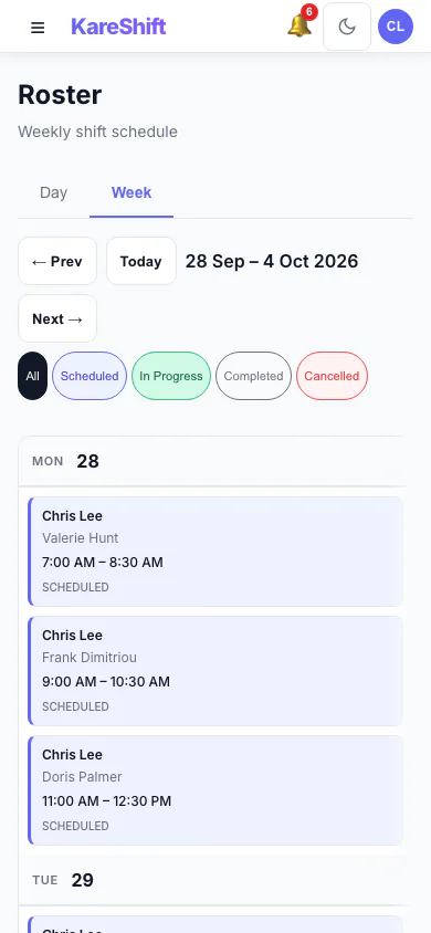 Home Care Worker Roster — Mobile View