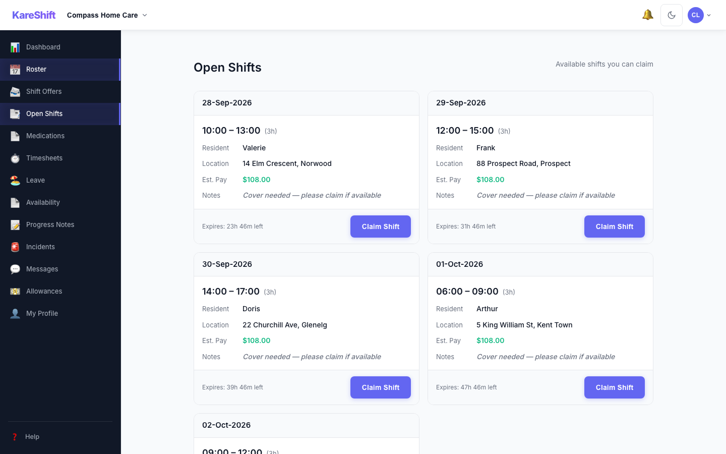 Open Shift Board — claimable vacant shifts with pay estimate and expiry