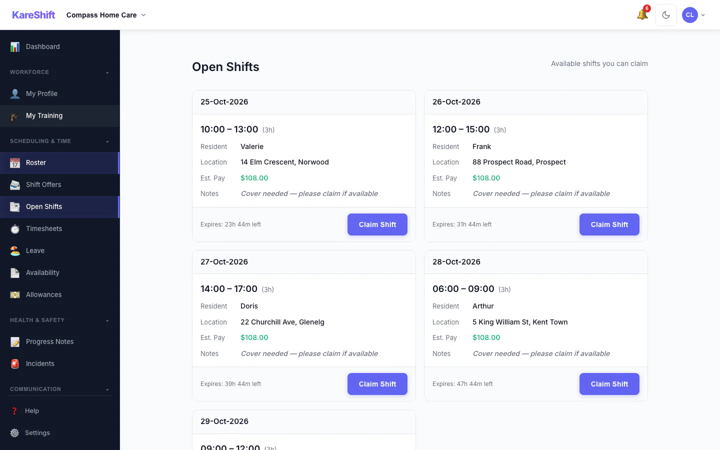 Open Shift Board — claimable vacant shifts with pay estimate and expiry