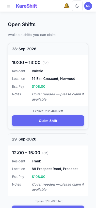 Open Shift Board — claimable vacant shifts with pay estimate and expiry — mobile view