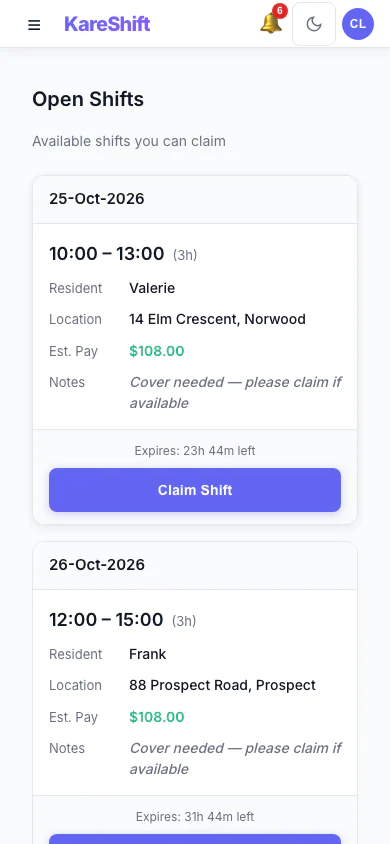 Open Shift Board — claimable vacant shifts with pay estimate and expiry — mobile view
