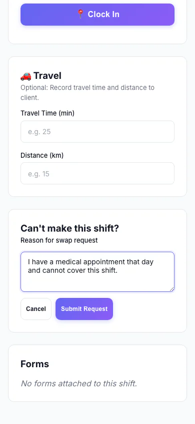 Ask to Swap a Shift: A worker who can't make a shift asks to swap it and says why. (mobile view)