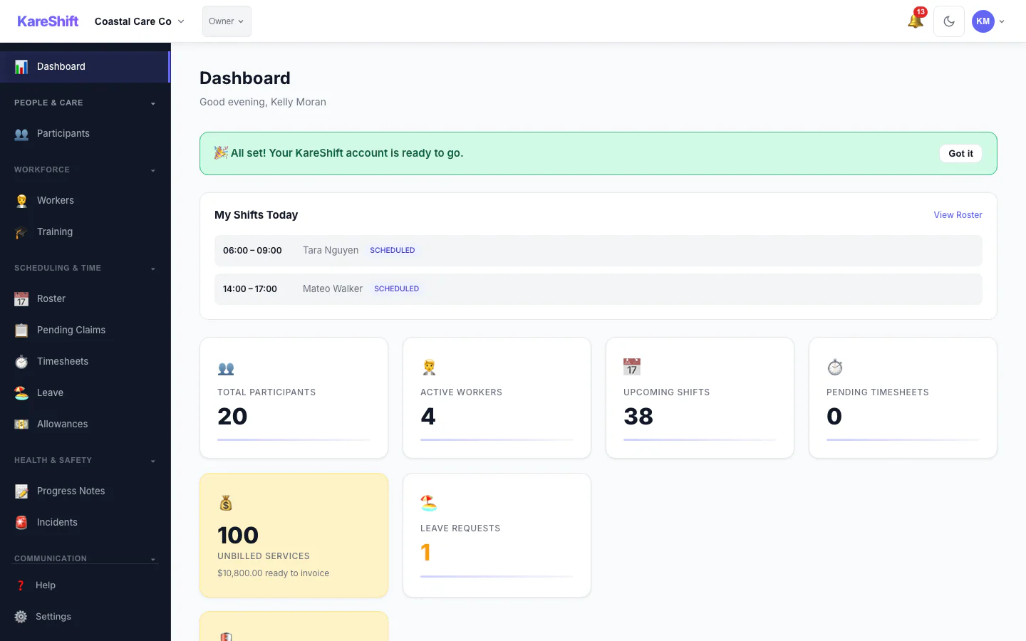 Management dashboard showing My Shifts Today widget for dual-role users