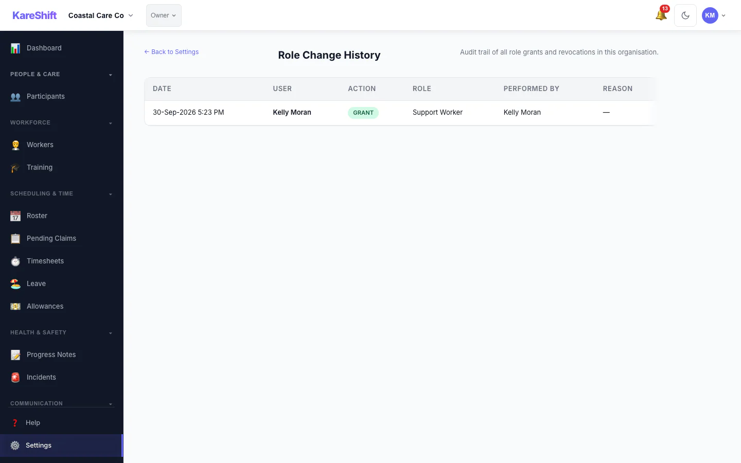 Role change history page showing grant and revoke audit trail