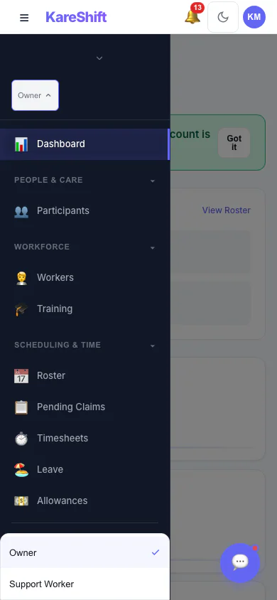 Role dropdown — mobile view