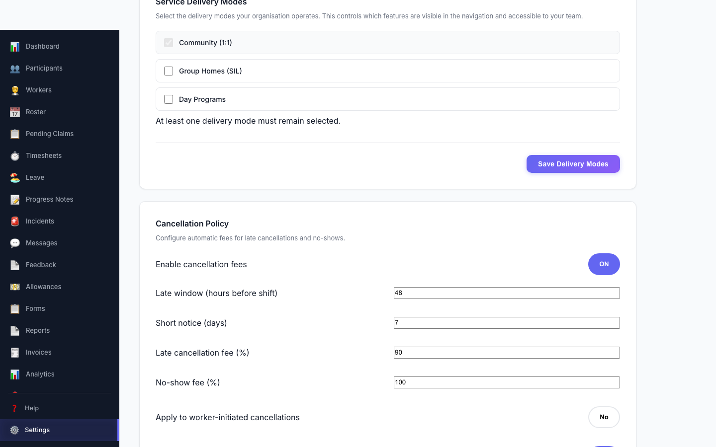 Cancellation Policy settings — automate late-cancellation and no-show fees