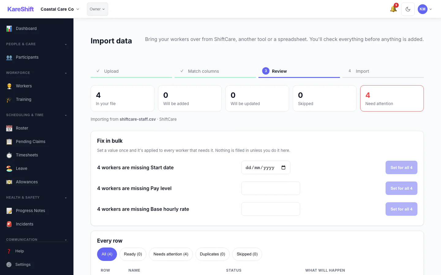 Import review — rows to be added, updated or skipped, with a bulk-fix panel