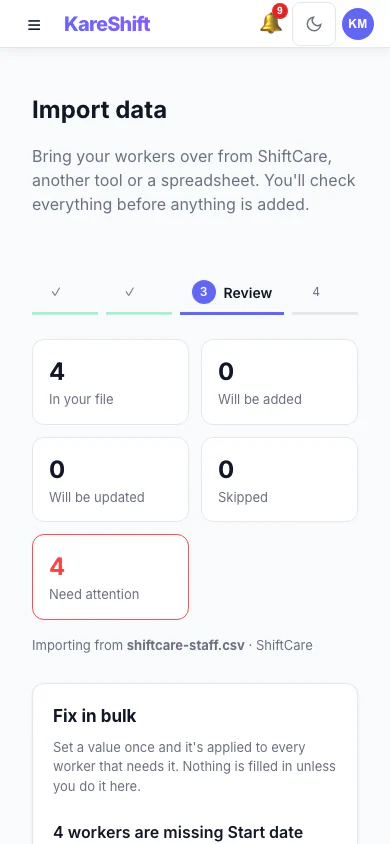 Import review — rows to be added, updated or skipped, with a bulk-fix panel — mobile view