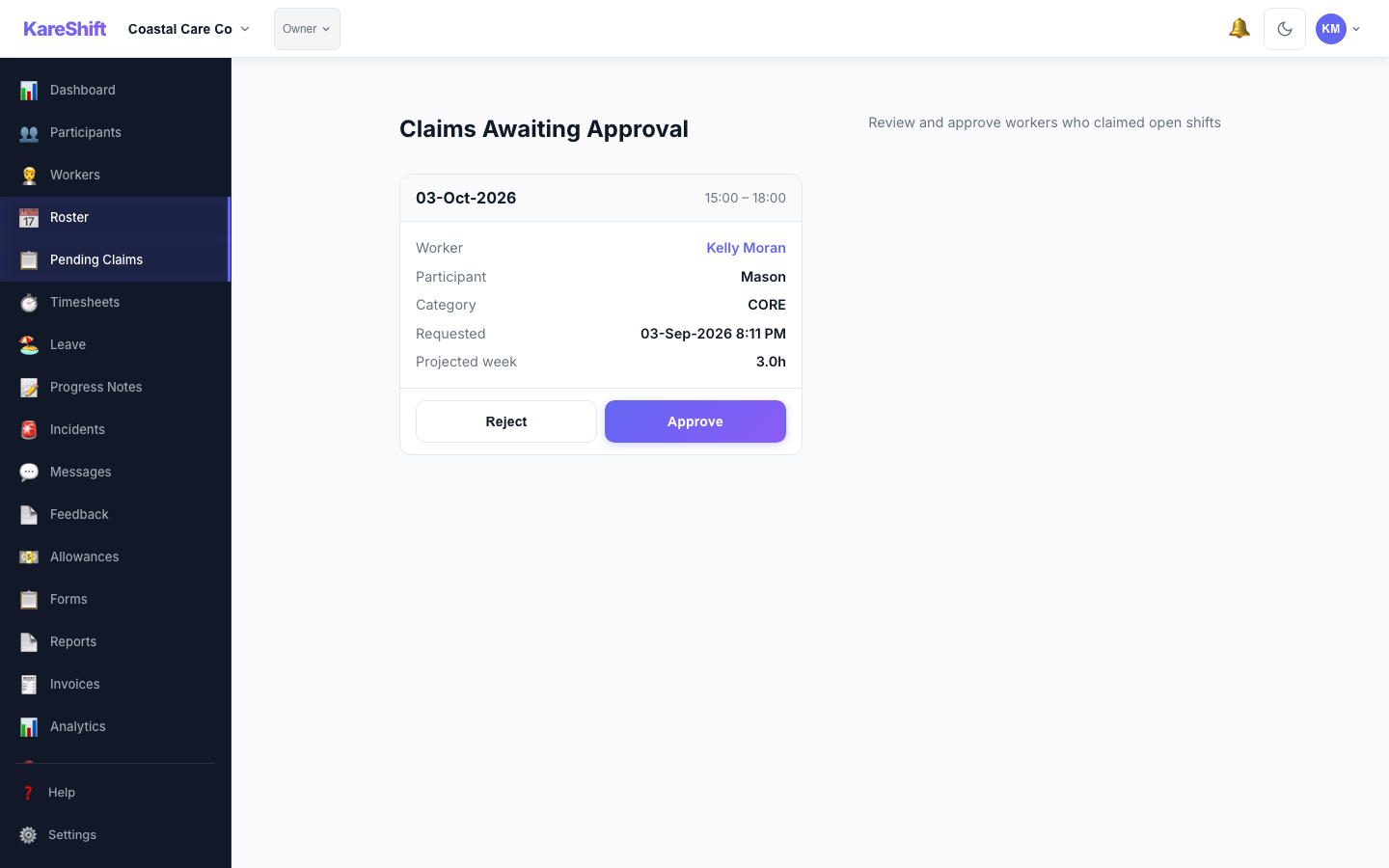 Claim Approval — coordinator reviews open-shift claims with projected weekly hours and an overtime warning