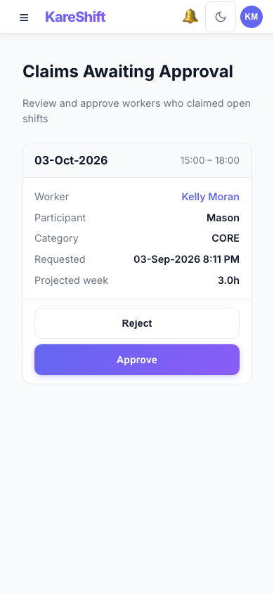 Claim Approval — coordinator reviews open-shift claims with projected weekly hours and an overtime warning — mobile view