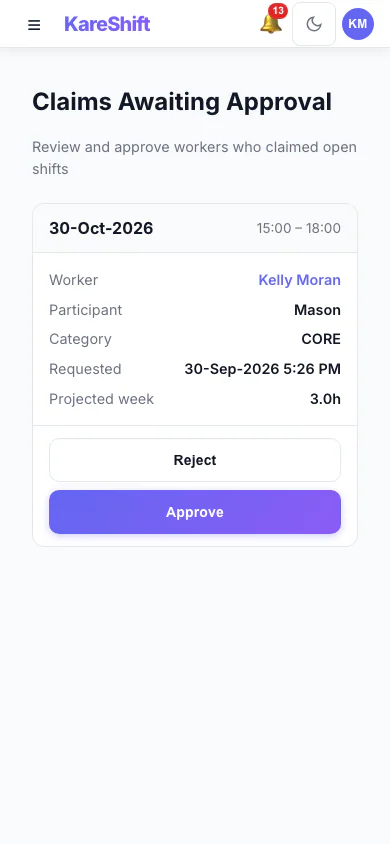 Claim Approval — coordinator reviews open-shift claims with projected weekly hours and an overtime warning — mobile view
