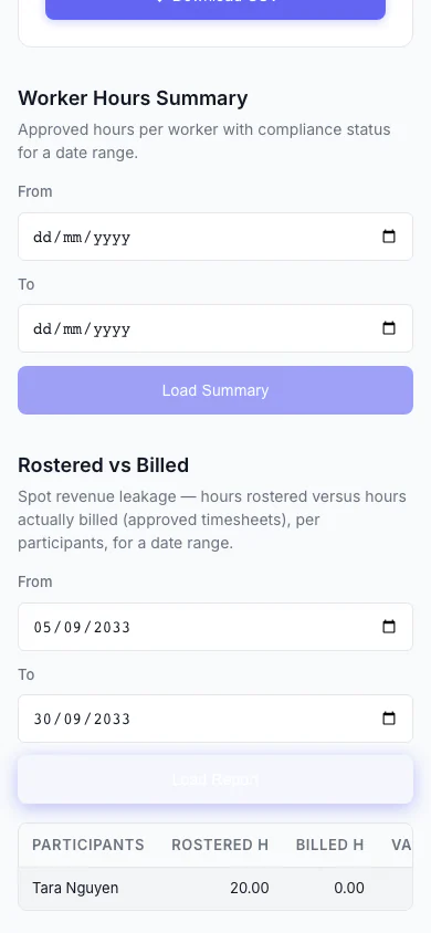Rostered vs Billed report — hours rostered versus hours billed, with the shortfall highlighted — mobile view