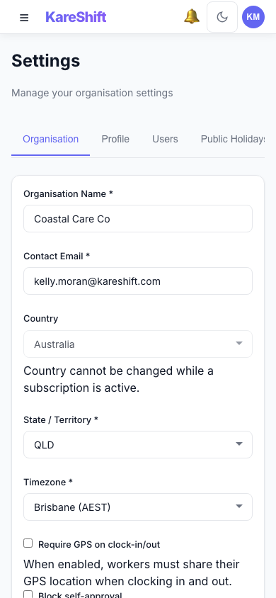 Settings — Mobile