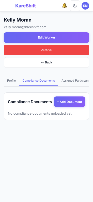 Worker Compliance — document tracking with expiry alerts — mobile view