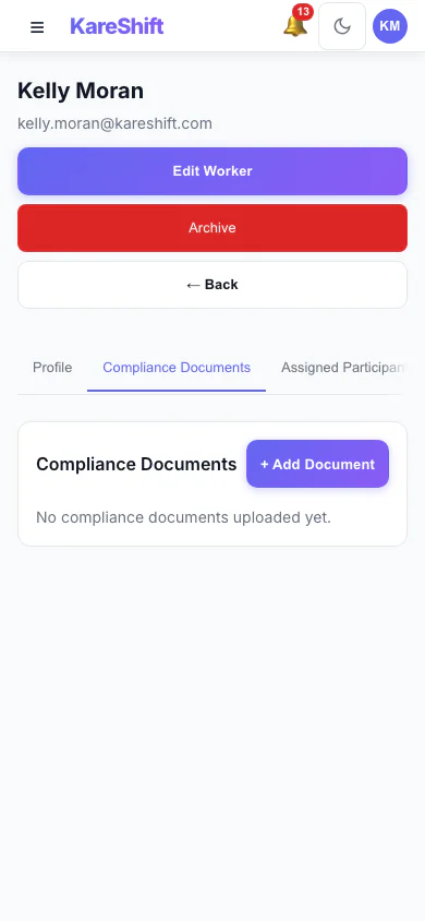 Worker Compliance — document tracking with expiry alerts — mobile view